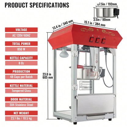 🍿 Commercial Popcorn Machine – 8oz Kettle Theater Style Popcorn Maker (48 Cups Per Batch)