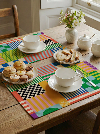 🌈 4-Pack Colorful Retro Plaid Placemats – Heat-Resistant Dining Table Mats for Kitchen & Coffee Bar