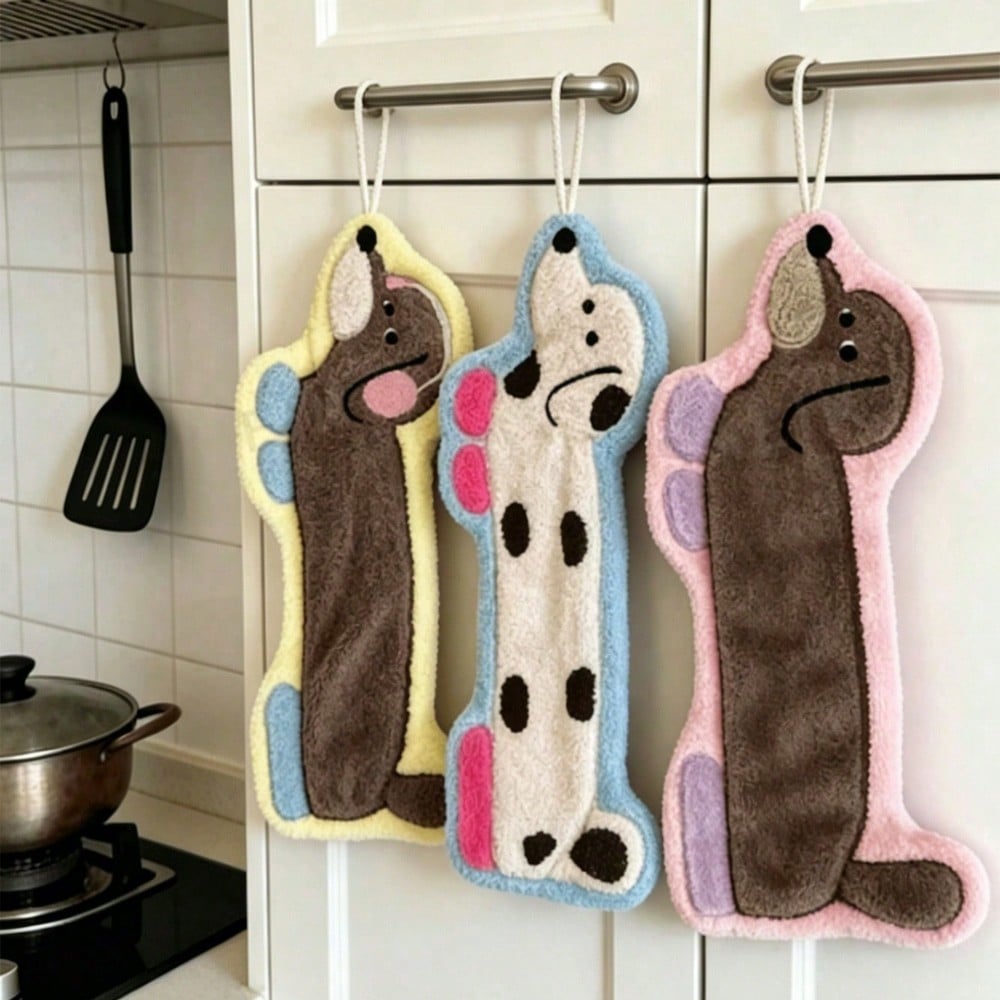 Creative Dachshund Hanging Hand Towel – Cute Coral Fleece Kitchen & Bathroom Towel