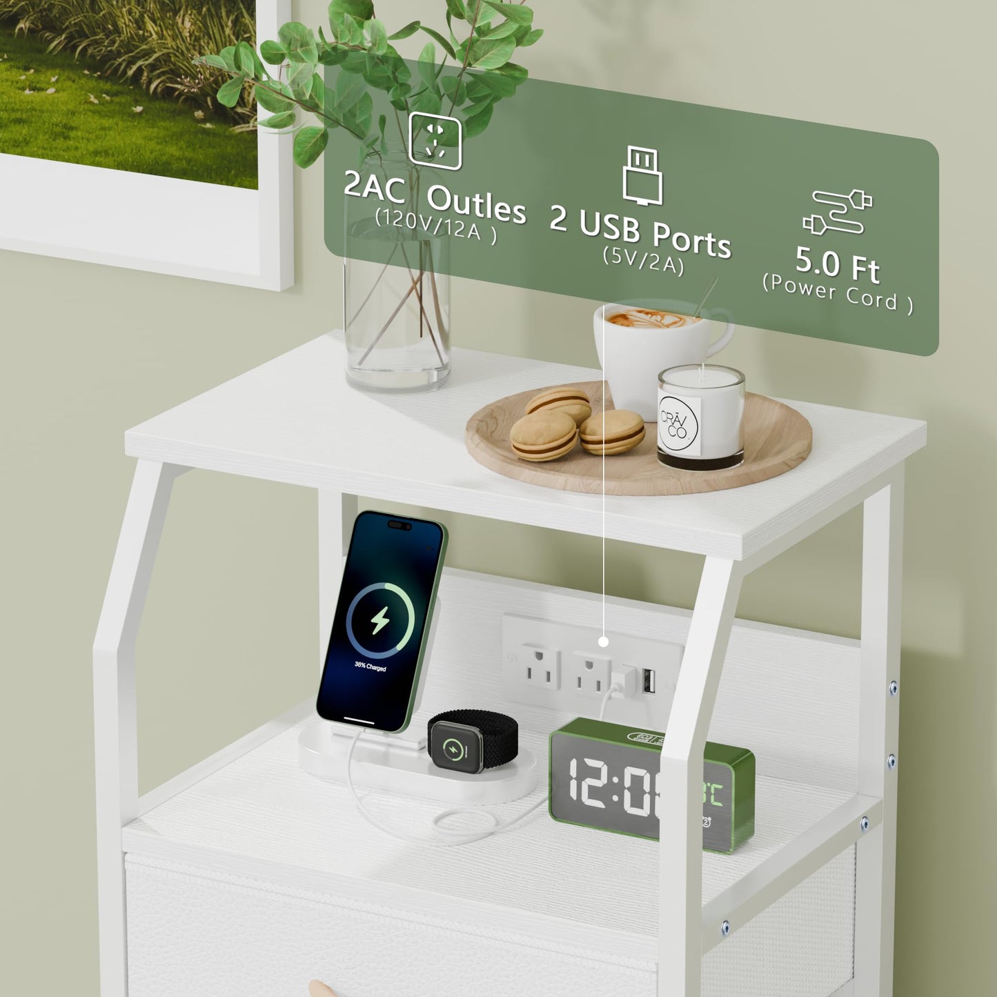 ⚡ White Nightstand with Charging Station – 3-Drawer Bedside Table with Power Outlets & Fabric Storage