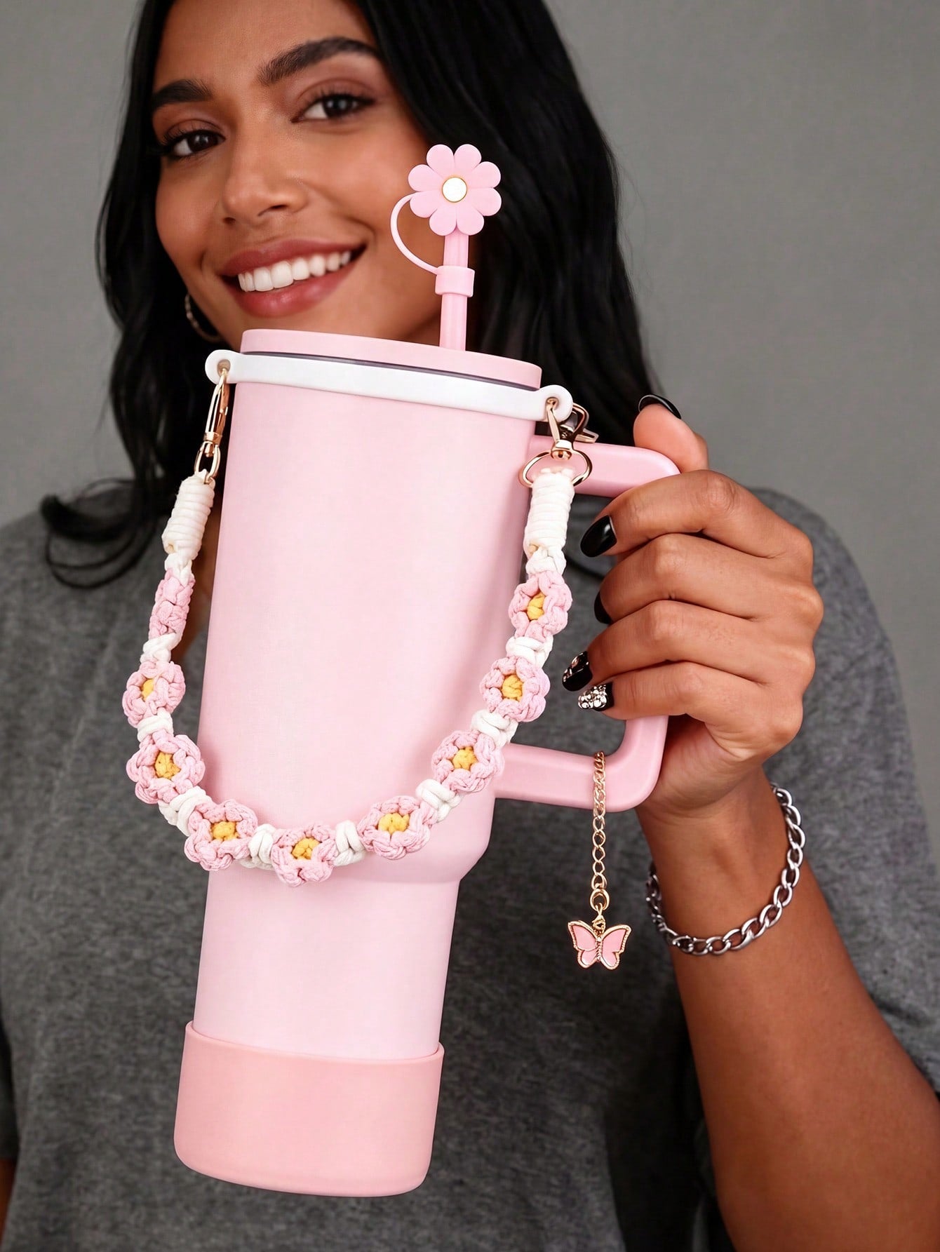 🎀 Beaded Water Bottle Charm Strap – Bow Lanyard Accessory for 20–40oz Tumblers (Flower Handle)