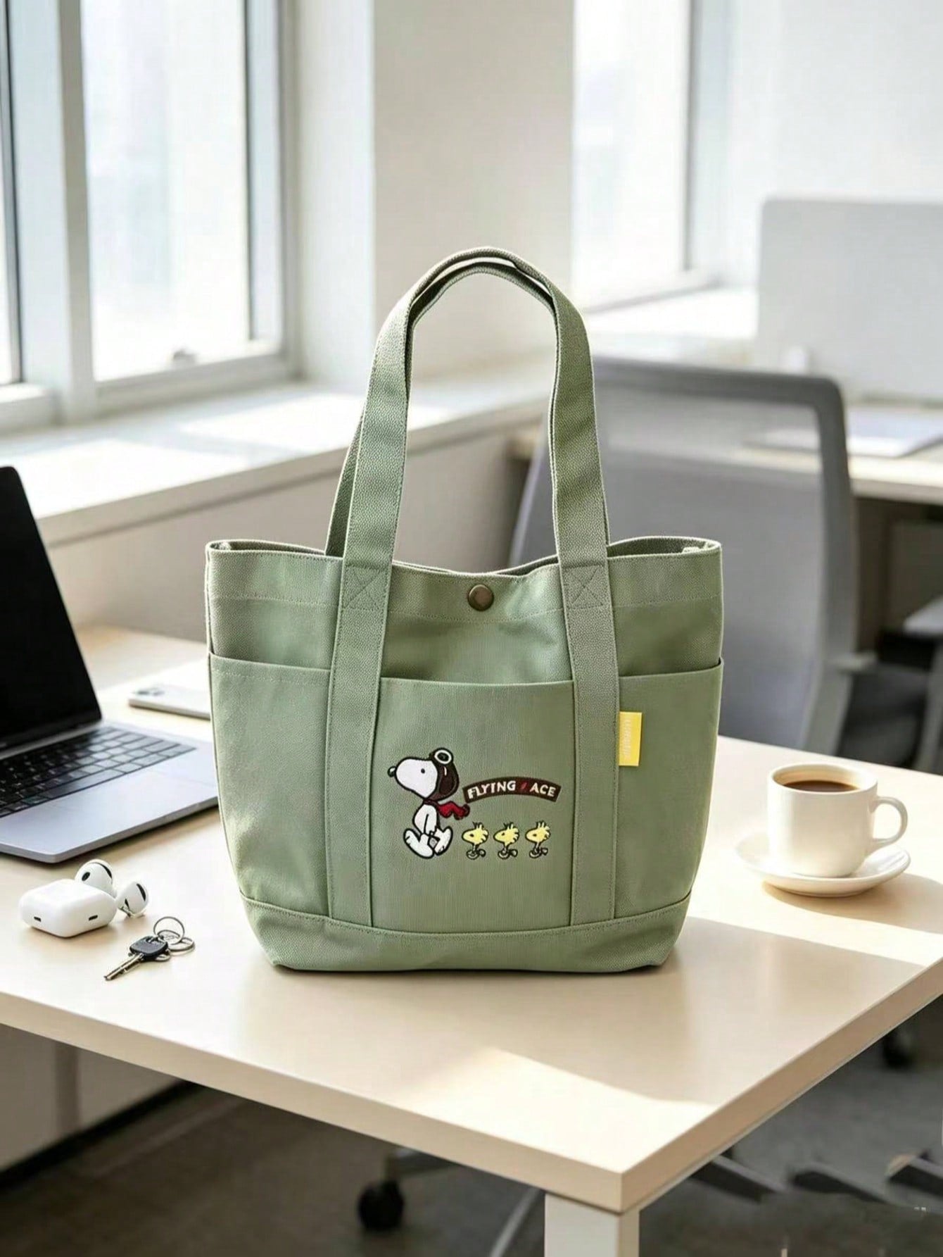 Snoopy Pilot Embroidered Canvas Tote Bag – Large Capacity Multi-Pocket Shoulder Handbag