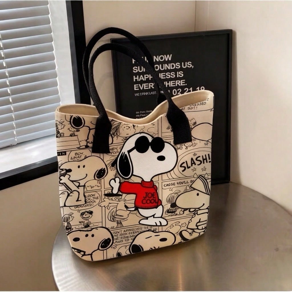 Large Capacity Snoopy Color Block Canvas Shoulder Tote Bag