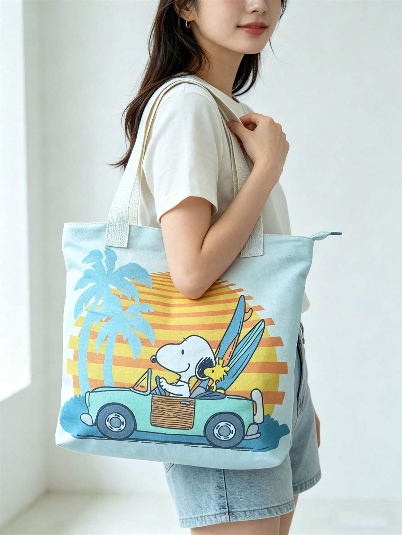 Snoopy Canvas Tote Bag, Women Large Capacity Shoulder Bag, Student Commuter Cartoon Print Handbag