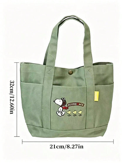 Snoopy Pilot Embroidered Canvas Tote Bag – Large Capacity Multi-Pocket Shoulder Handbag