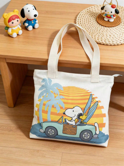 Snoopy Canvas Tote Bag, Women Large Capacity Shoulder Bag, Student Commuter Cartoon Print Handbag