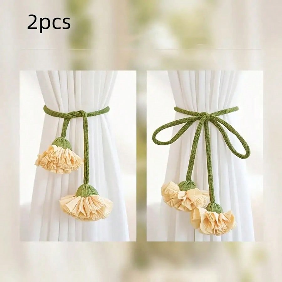 🌸 2-Piece Floral Curtain Tiebacks – Elegant Decorative Curtain Holdback Ropes with Green Cords