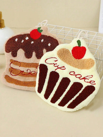 🧁 Cute Cartoon Cake Hanging Hand Towel – Soft Kitchen & Bathroom Dish Cloth(2Pcs)