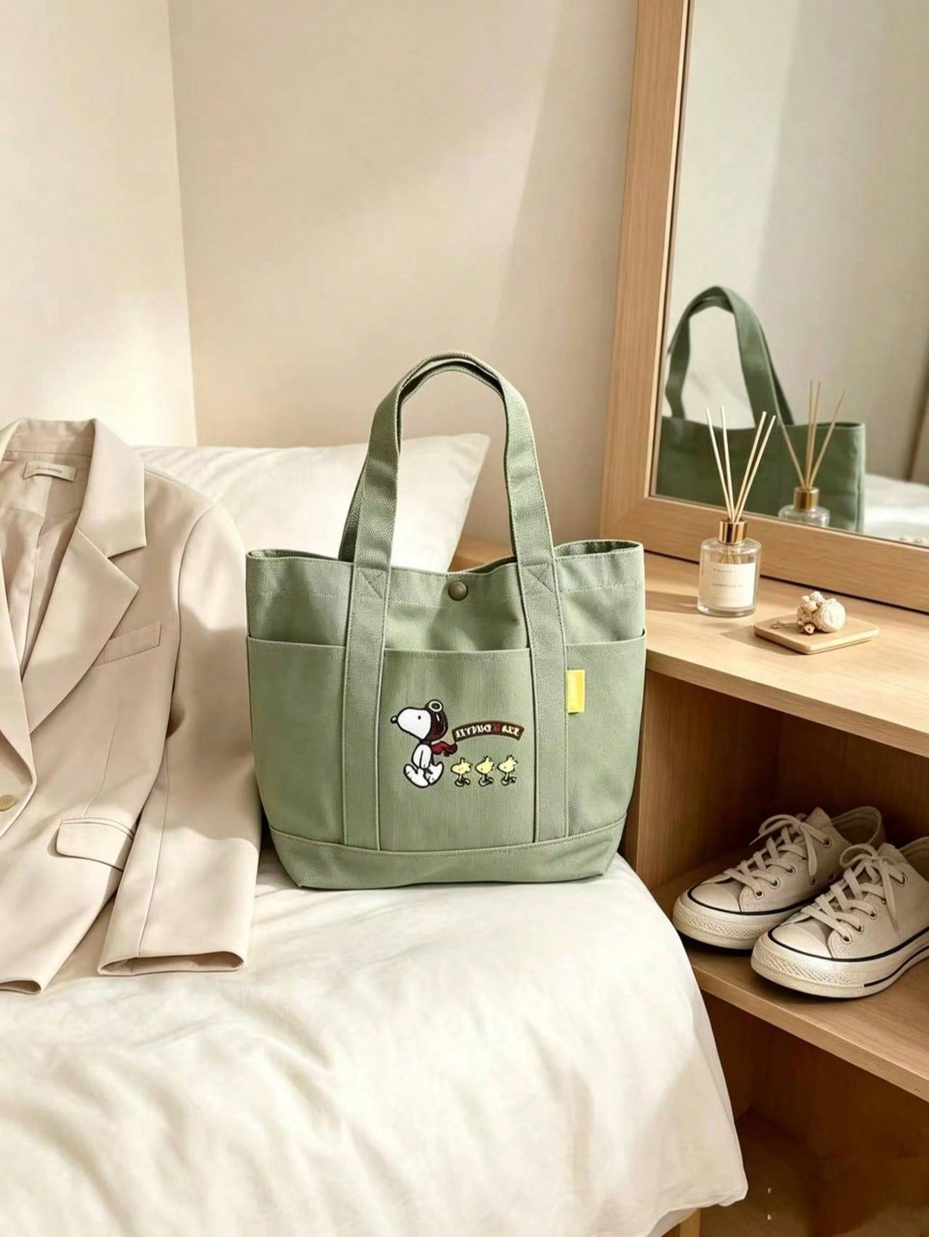 Snoopy Pilot Embroidered Canvas Tote Bag – Large Capacity Multi-Pocket Shoulder Handbag