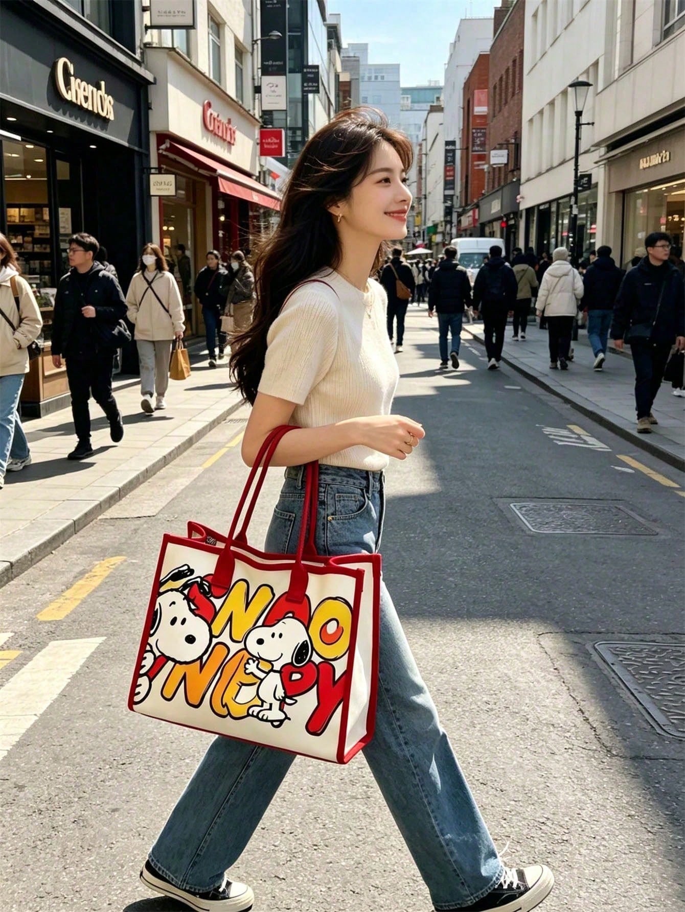 Peanuts Snoopy Canvas Crossbody Tote Bag – Adjustable Shoulder Handbag for Everyday Use
