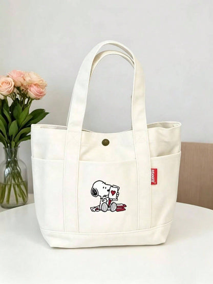 Snoopy Pilot Embroidered Canvas Tote Bag – Large Capacity Multi-Pocket Shoulder Handbag