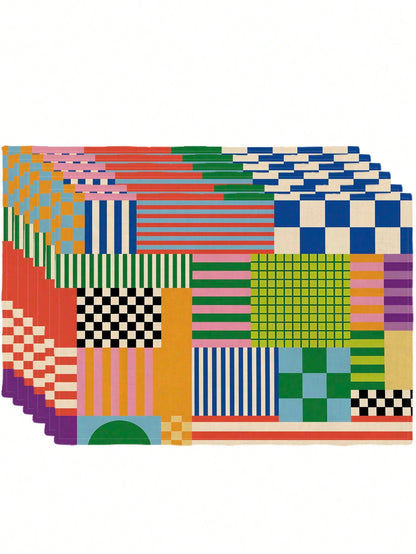 🌈 4-Pack Colorful Retro Plaid Placemats – Heat-Resistant Dining Table Mats for Kitchen & Coffee Bar