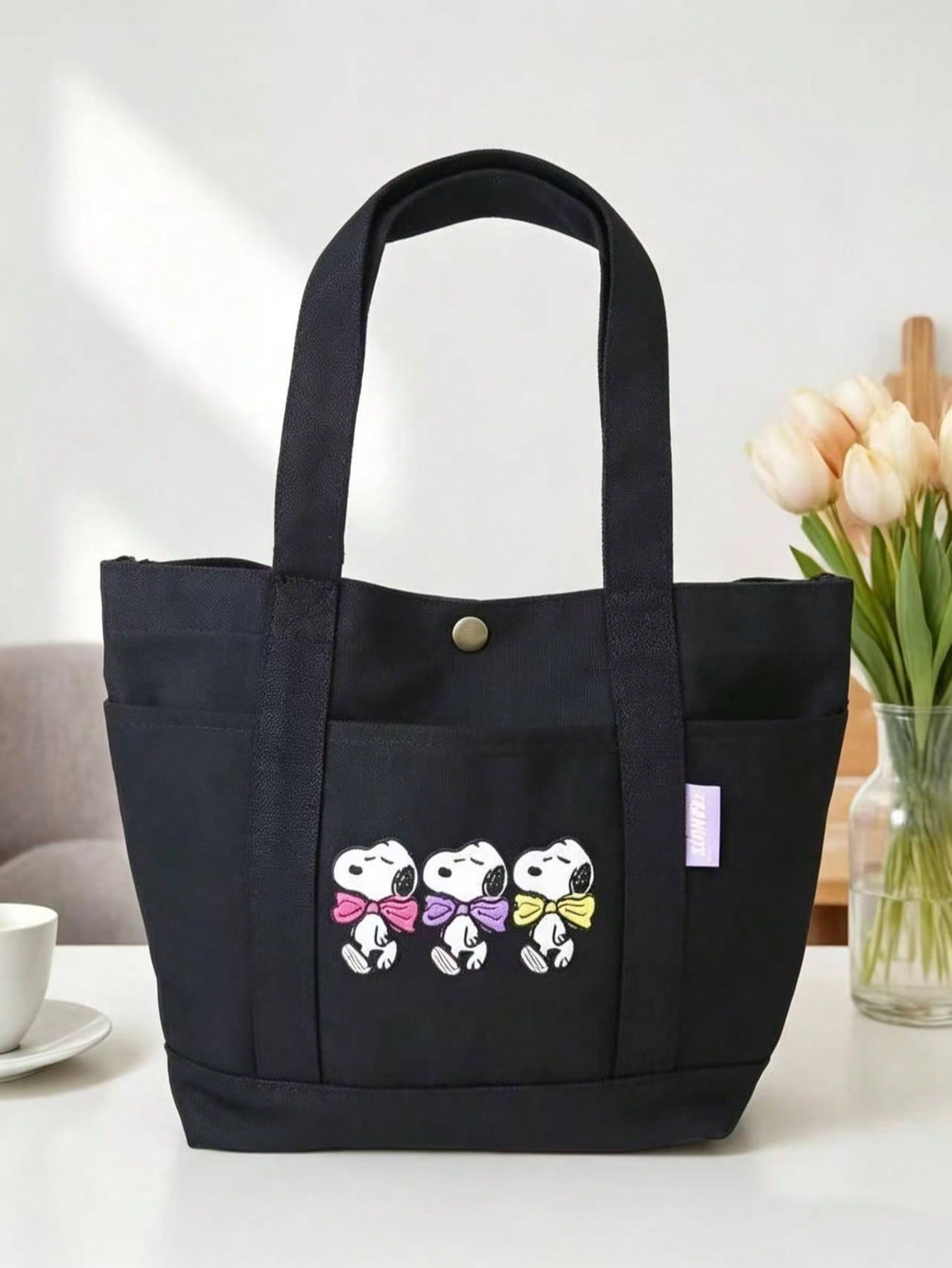 Snoopy Pilot Embroidered Canvas Tote Bag – Large Capacity Multi-Pocket Shoulder Handbag