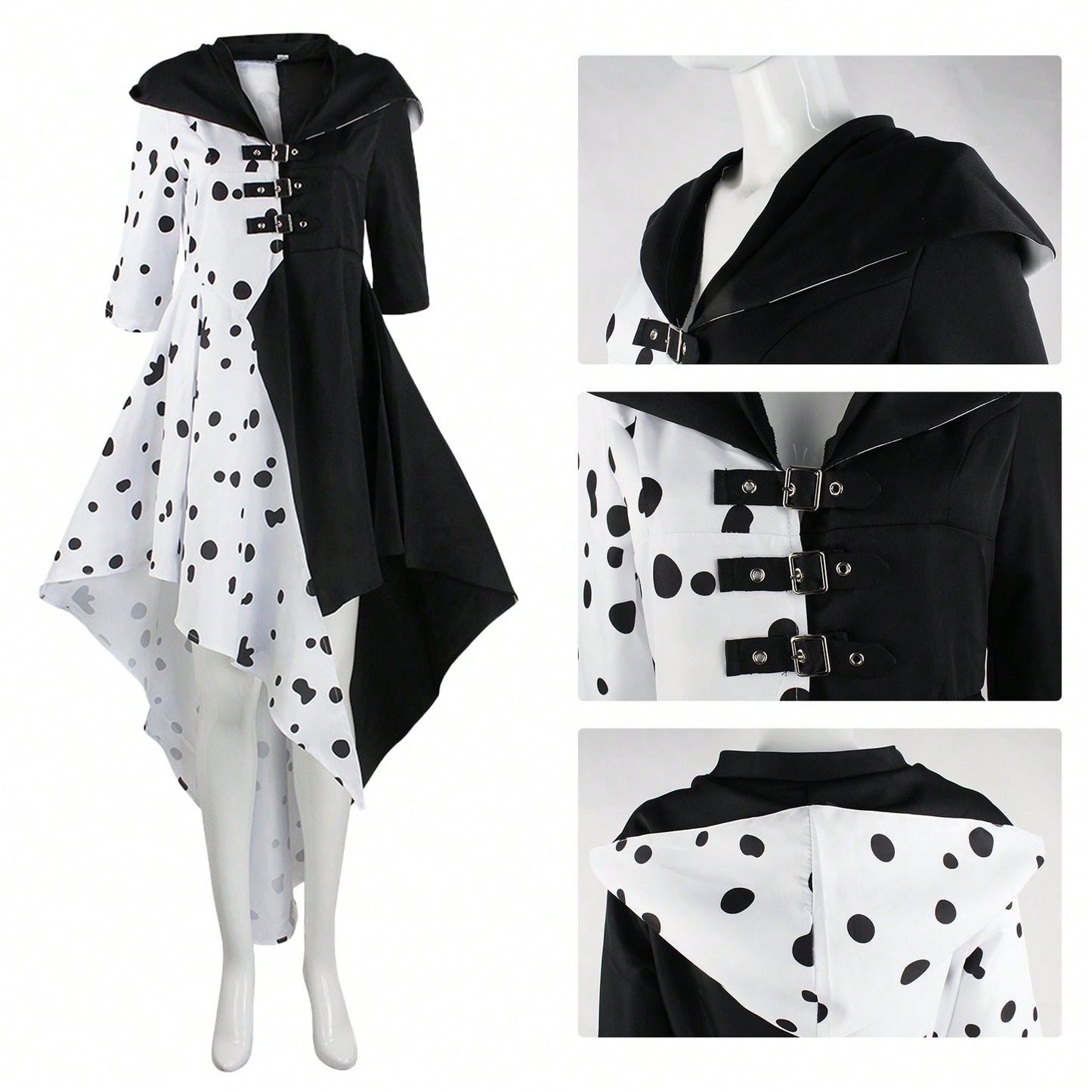 101 Loyal Dog Cosplay Dress – Black & White Witch Kuira Deville Spotted Costume, Halloween Performance Outfit