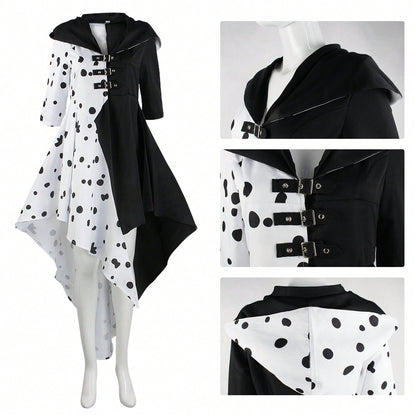 101 Loyal Dog Cosplay Dress – Black & White Witch Kuira Deville Spotted Costume, Halloween Performance Outfit