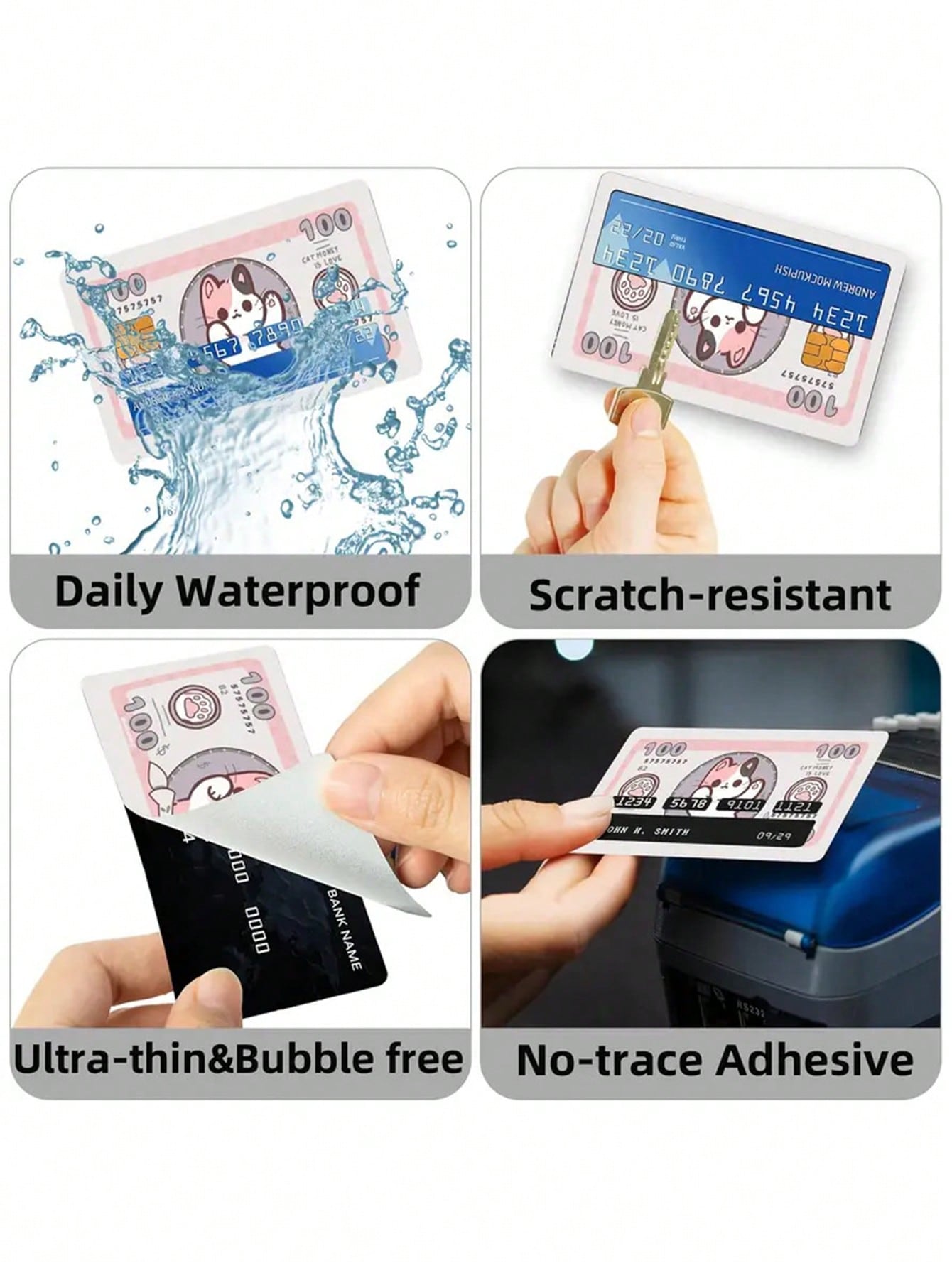 4Pcs Cute Cat Pattern PVC Credit Card Holders – Fits Bank, Debit, Transportation & Room Key Cards, Back to School Supplies
