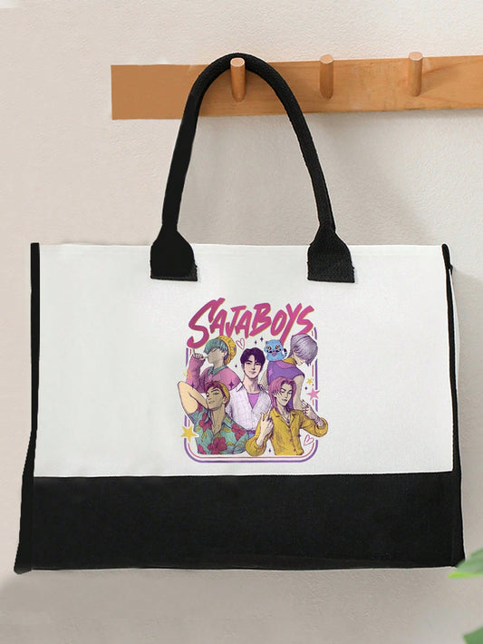 Saja K-Pop Demon-Inspired Monogram Tote — 1pc Large Shopping & Beach Bag, Movie Pattern Demon Hunters Gift (Personalizable)