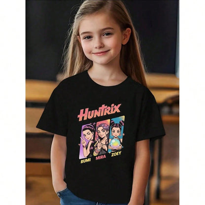 Tween/Teen Girls’ “KPOP Demon” Cotton Graphic Tee – Rumi, Zoey & Mira Bold Print Summer T-Shirt, Black