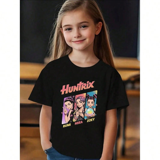 Tween/Teen Girls’ “KPOP Demon” Cotton Graphic Tee – Rumi, Zoey & Mira Bold Print Summer T-Shirt, Black