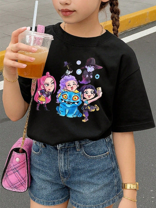 Huntrix Girls &Amp; Kids - Cute Kawaii Kp-Op Demon Hunters Graphic Tee With Rumi, Zoey, Mira - Vintage Huntrix Crewneck T-Shirt For Girls