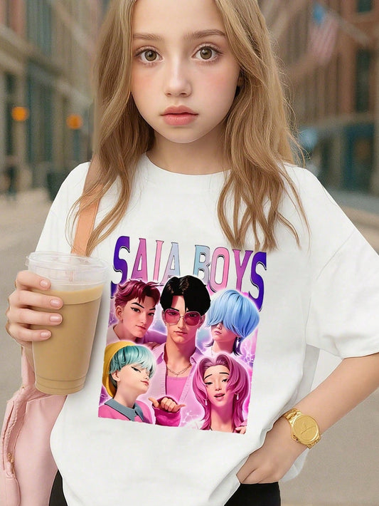 Young Girl's/Boy's Boy Band Jinu&Amp;Abby&Amp;Mystery&Amp;Romance&Amp;Baby KP-OP Demon Hunters Y2K 100% Cotton Graphic Tees, Back To School Clothes Girls, Black Round Neck Letter