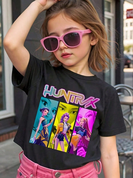 Kids’ 100% Cotton Graphic Tee — HUNTRX Rumi & Zoey & Mira Colorful Cartoon Print (Black) — Round Neck Short Sleeve, Unisex for Girls & Boys (Sizes 2–12)