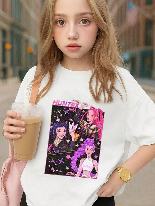 US Super-Hero Promo Kids’ Cotton Graphic Tee — “Anime Girl Rumi & Zoey & Mira” Starry Print (Black) — Unisex Round-Neck Short Sleeve, Gifts for K-POP Fans