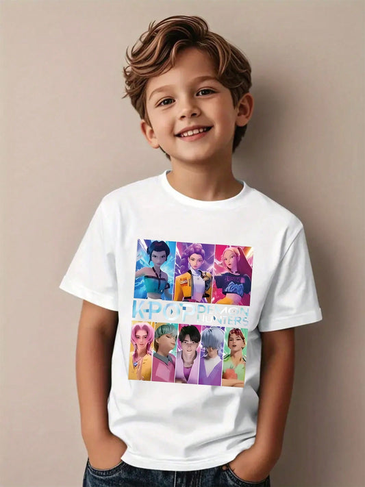 KPOP Prints Print,Summer Round Neck Fun Casual T-Shirt For Children, Made Of Slightly Stretchy Fabric, Breathable And Comfortable, Fashionable And Versatile, Men's/Girls' Same T-Shirt