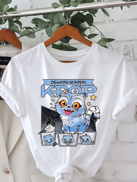 Women’s 180G White Cotton K-Pop Tee — Blue Cat Graphic with “DEMON HUNTERS” Banner (Cute Concert Outfit)