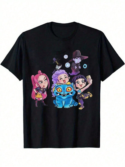 Huntrix Girls &Amp; Kids - Cute Kawaii Kp-Op Demon Hunters Graphic Tee With Rumi, Zoey, Mira - Vintage Huntrix Crewneck T-Shirt For Girls