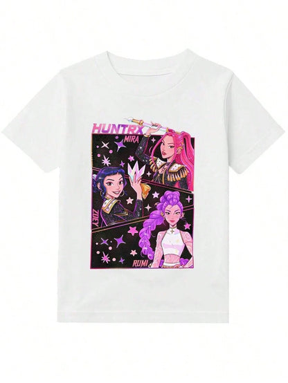 US Super-Hero Promo Kids’ Cotton Graphic Tee — “Anime Girl Rumi & Zoey & Mira” Starry Print (Black) — Unisex Round-Neck Short Sleeve, Gifts for K-POP Fans
