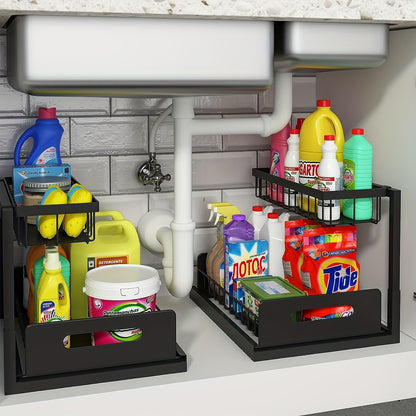 2-Layer Under-Sink Pull-Out Organizer Rack (2-Pack) – Adjustable Height Sliding Storage for Kitchen & Bathroom Cabinets, 13.78″ D × 10.83″ W