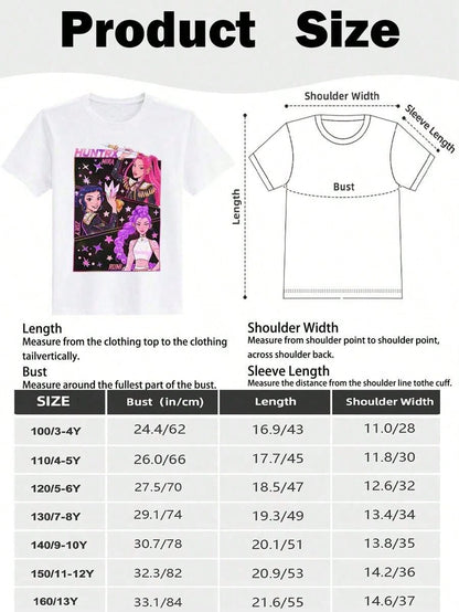 US Super-Hero Promo Kids’ Cotton Graphic Tee — “Anime Girl Rumi & Zoey & Mira” Starry Print (Black) — Unisex Round-Neck Short Sleeve, Gifts for K-POP Fans