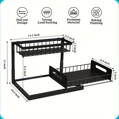 2-Layer Under-Sink Pull-Out Organizer Rack (2-Pack) – Adjustable Height Sliding Storage for Kitchen & Bathroom Cabinets, 13.78″ D × 10.83″ W
