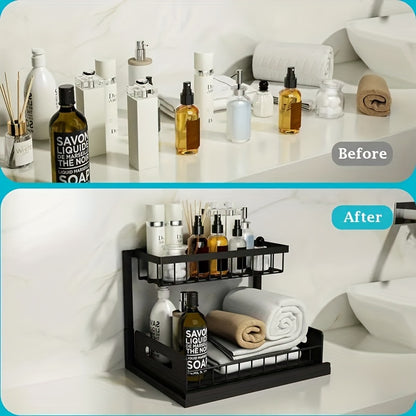 2-Layer Under-Sink Pull-Out Organizer Rack (2-Pack) – Adjustable Height Sliding Storage for Kitchen & Bathroom Cabinets, 13.78″ D × 10.83″ W