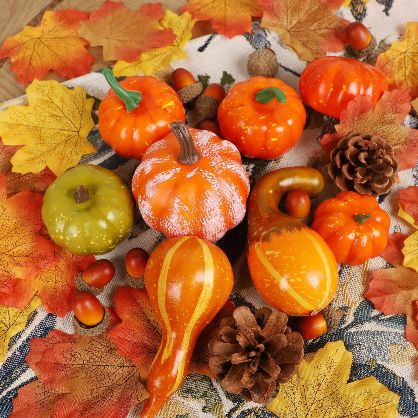 Fall Decorations for Home-6Pcs Mini Pumpkins & 2Pcs Gourds, 30Pcs Autumn Leaves & 10Pcs Acorns, 2Pcs Pinecones Centerpiece Set -Thanksgiving Harvest Decor for Table, Mantel, Party Backdrop