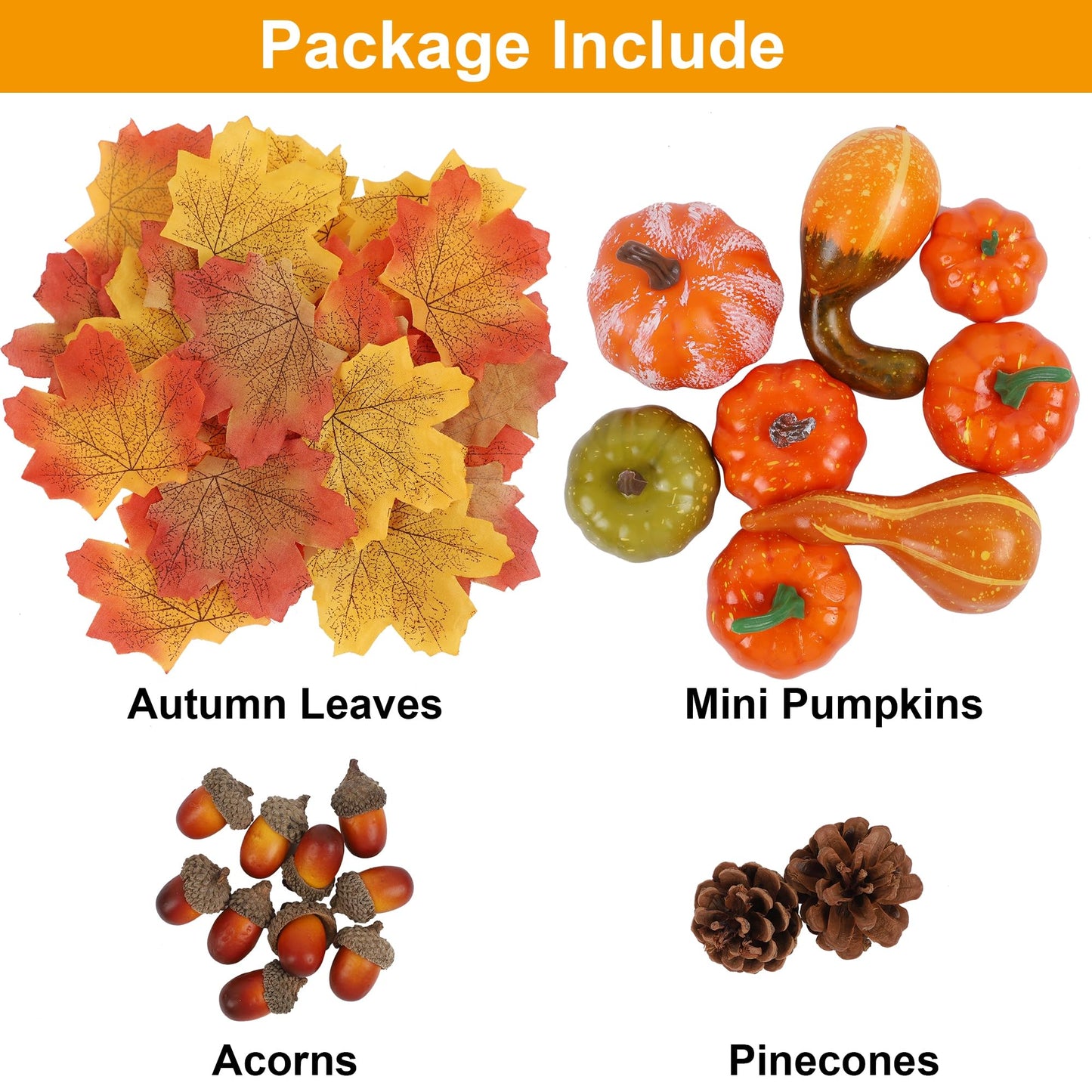Fall Decorations for Home-6Pcs Mini Pumpkins & 2Pcs Gourds, 30Pcs Autumn Leaves & 10Pcs Acorns, 2Pcs Pinecones Centerpiece Set -Thanksgiving Harvest Decor for Table, Mantel, Party Backdrop