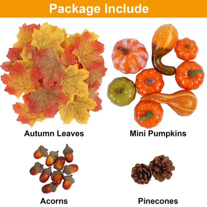 Fall Decorations for Home-6Pcs Mini Pumpkins & 2Pcs Gourds, 30Pcs Autumn Leaves & 10Pcs Acorns, 2Pcs Pinecones Centerpiece Set -Thanksgiving Harvest Decor for Table, Mantel, Party Backdrop