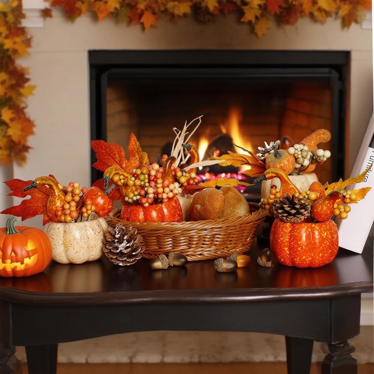 Fall Decorations for Home-6Pcs Mini Pumpkins & 2Pcs Gourds, 30Pcs Autumn Leaves & 10Pcs Acorns, 2Pcs Pinecones Centerpiece Set -Thanksgiving Harvest Decor for Table, Mantel, Party Backdrop