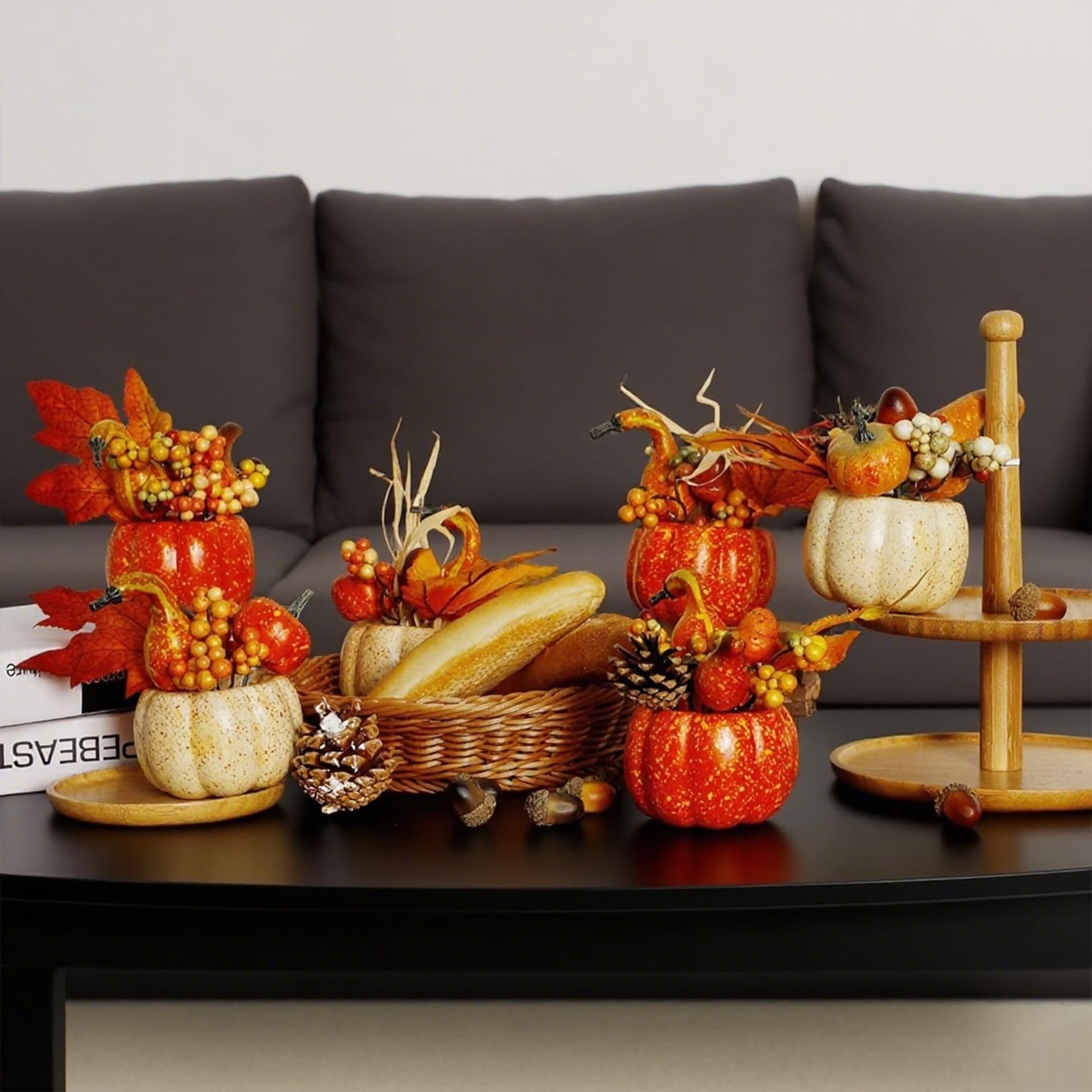 Fall Decorations for Home-6Pcs Mini Pumpkins & 2Pcs Gourds, 30Pcs Autumn Leaves & 10Pcs Acorns, 2Pcs Pinecones Centerpiece Set -Thanksgiving Harvest Decor for Table, Mantel, Party Backdrop