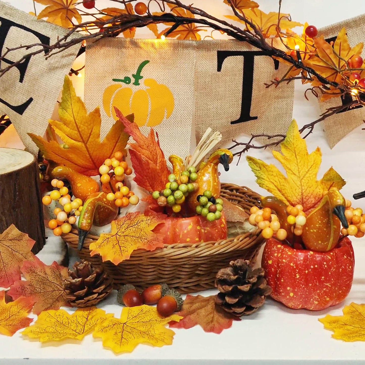 Fall Decorations for Home-6Pcs Mini Pumpkins & 2Pcs Gourds, 30Pcs Autumn Leaves & 10Pcs Acorns, 2Pcs Pinecones Centerpiece Set -Thanksgiving Harvest Decor for Table, Mantel, Party Backdrop