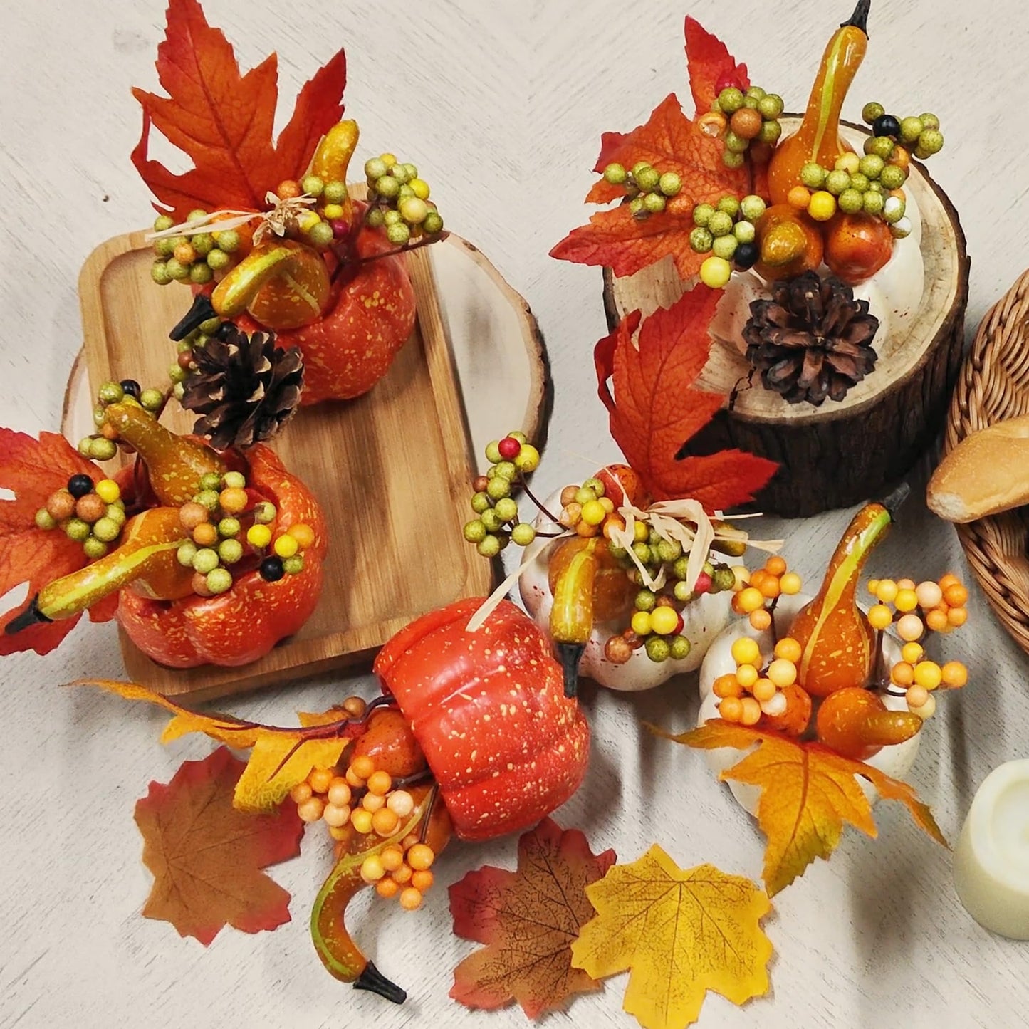 Fall Decorations for Home-6Pcs Mini Pumpkins & 2Pcs Gourds, 30Pcs Autumn Leaves & 10Pcs Acorns, 2Pcs Pinecones Centerpiece Set -Thanksgiving Harvest Decor for Table, Mantel, Party Backdrop