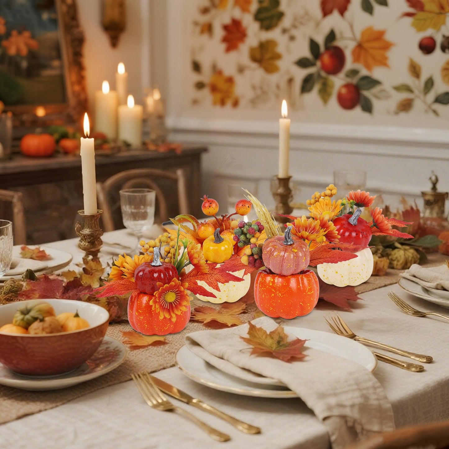 Fall Decorations for Home-6Pcs Mini Pumpkins & 2Pcs Gourds, 30Pcs Autumn Leaves & 10Pcs Acorns, 2Pcs Pinecones Centerpiece Set -Thanksgiving Harvest Decor for Table, Mantel, Party Backdrop