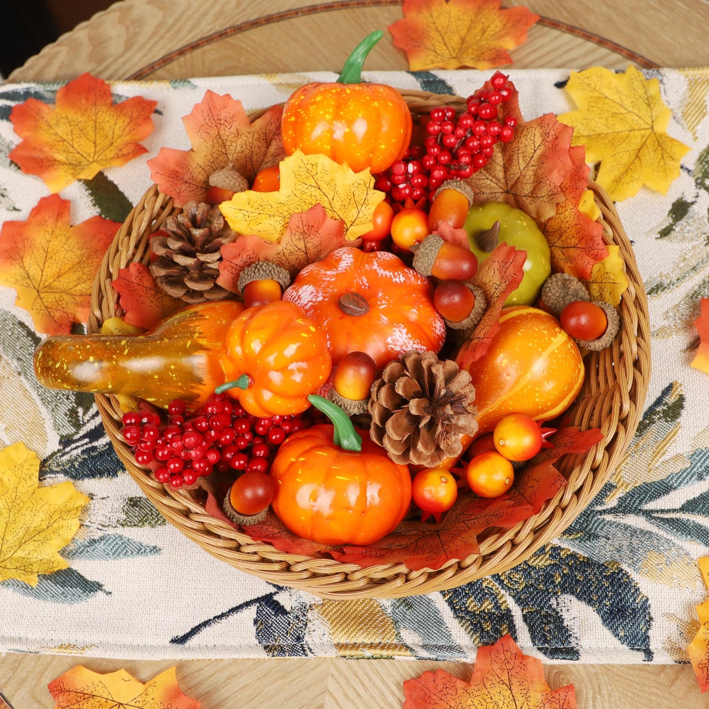 Fall Decorations for Home-6Pcs Mini Pumpkins & 2Pcs Gourds, 30Pcs Autumn Leaves & 10Pcs Acorns, 2Pcs Pinecones Centerpiece Set -Thanksgiving Harvest Decor for Table, Mantel, Party Backdrop