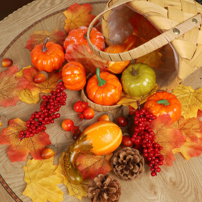 Fall Decorations for Home-6Pcs Mini Pumpkins & 2Pcs Gourds, 30Pcs Autumn Leaves & 10Pcs Acorns, 2Pcs Pinecones Centerpiece Set -Thanksgiving Harvest Decor for Table, Mantel, Party Backdrop