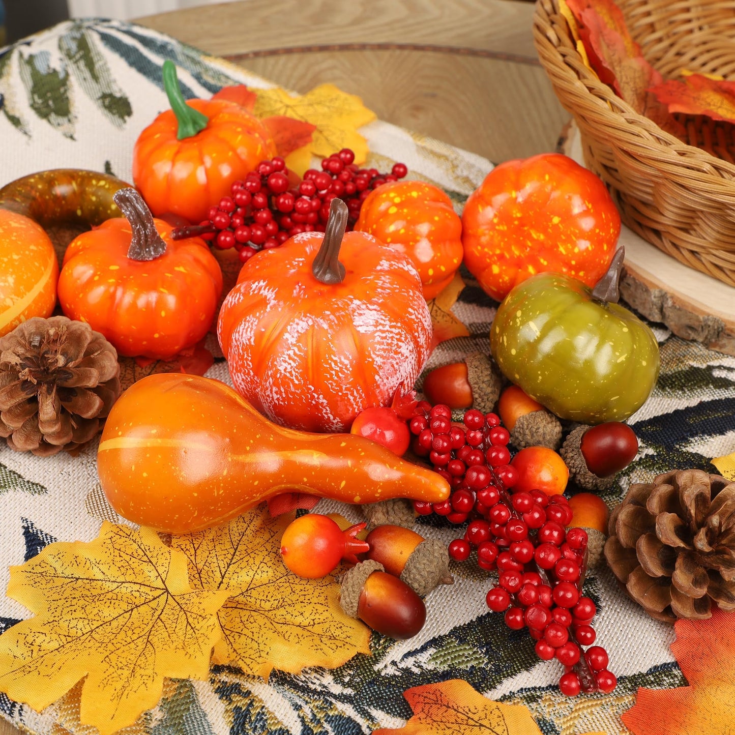 Fall Decorations for Home-6Pcs Mini Pumpkins & 2Pcs Gourds, 30Pcs Autumn Leaves & 10Pcs Acorns, 2Pcs Pinecones Centerpiece Set -Thanksgiving Harvest Decor for Table, Mantel, Party Backdrop