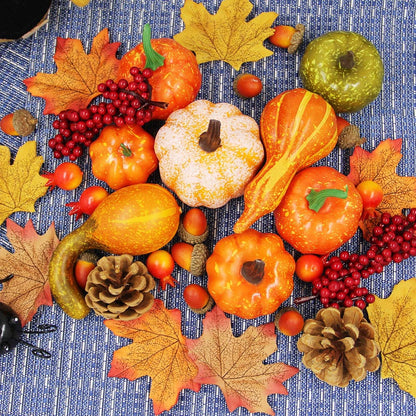 Fall Decorations for Home-6Pcs Mini Pumpkins & 2Pcs Gourds, 30Pcs Autumn Leaves & 10Pcs Acorns, 2Pcs Pinecones Centerpiece Set -Thanksgiving Harvest Decor for Table, Mantel, Party Backdrop