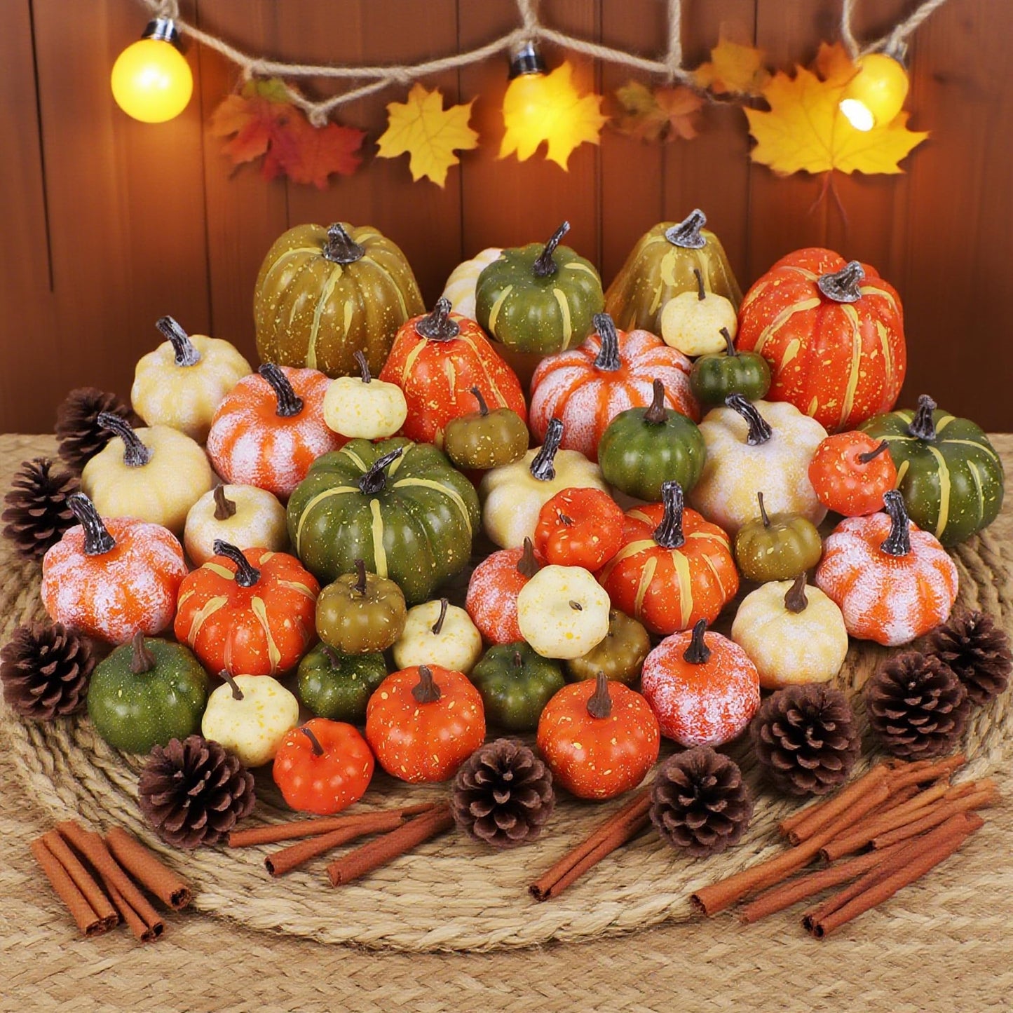 Fall Decorations for Home-6Pcs Mini Pumpkins & 2Pcs Gourds, 30Pcs Autumn Leaves & 10Pcs Acorns, 2Pcs Pinecones Centerpiece Set -Thanksgiving Harvest Decor for Table, Mantel, Party Backdrop