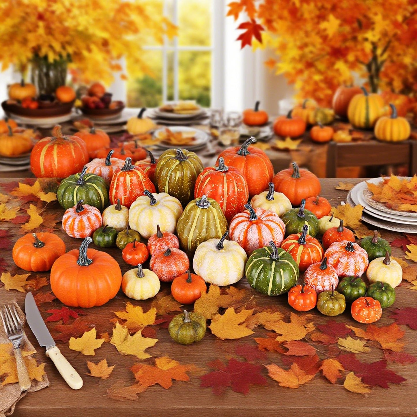 Fall Decorations for Home-6Pcs Mini Pumpkins & 2Pcs Gourds, 30Pcs Autumn Leaves & 10Pcs Acorns, 2Pcs Pinecones Centerpiece Set -Thanksgiving Harvest Decor for Table, Mantel, Party Backdrop