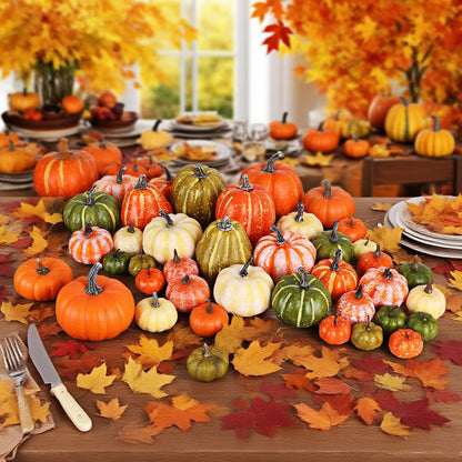 Fall Decorations for Home-6Pcs Mini Pumpkins & 2Pcs Gourds, 30Pcs Autumn Leaves & 10Pcs Acorns, 2Pcs Pinecones Centerpiece Set -Thanksgiving Harvest Decor for Table, Mantel, Party Backdrop